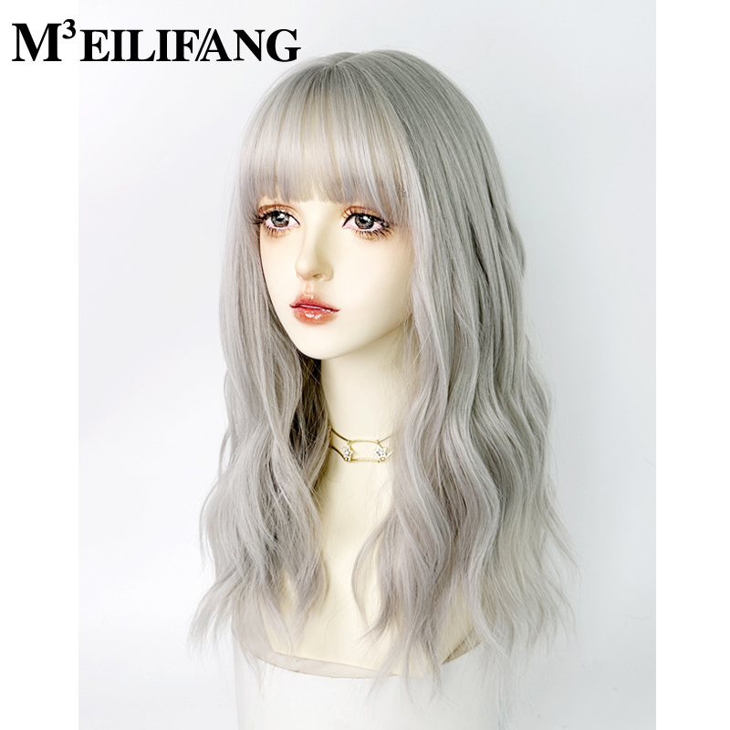 Rock Wig White Full Headpiece Female Silver Curly Hair Handsome Cosplay Daily Gothic Style Medium-Long Hair Lolita White Hair