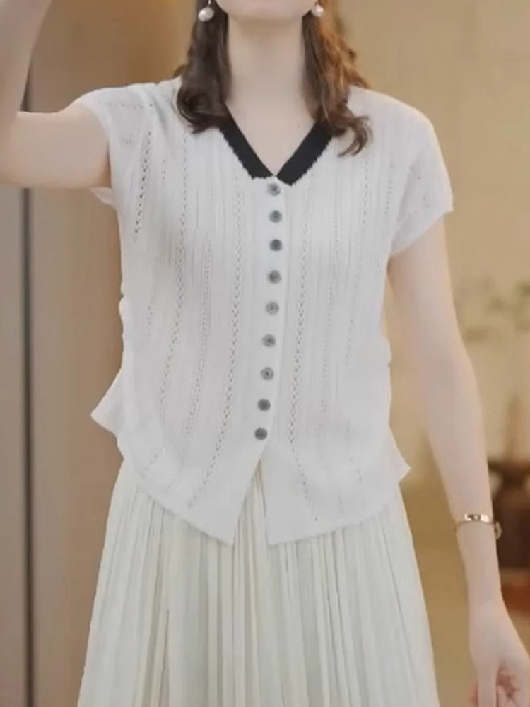 Одежда модная солнца защиты 撞色针织开衫显瘦冰丝短袖新款修身时尚上衣百搭时尚洋气休闲减龄