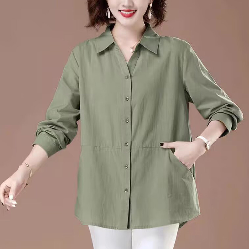 Mom's Long-Sleeved Shirt, Fashionable Pure Cotton, New Style, Large Size for Middle-Aged and Elderly Women, Loose-Fitting Collared Shirt, Stylish Top