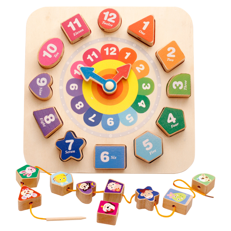 Children's wooden cartoon digital animal shape building blocks threading clock cognitive puzzle enlightenment toys 1-3-6 years old
