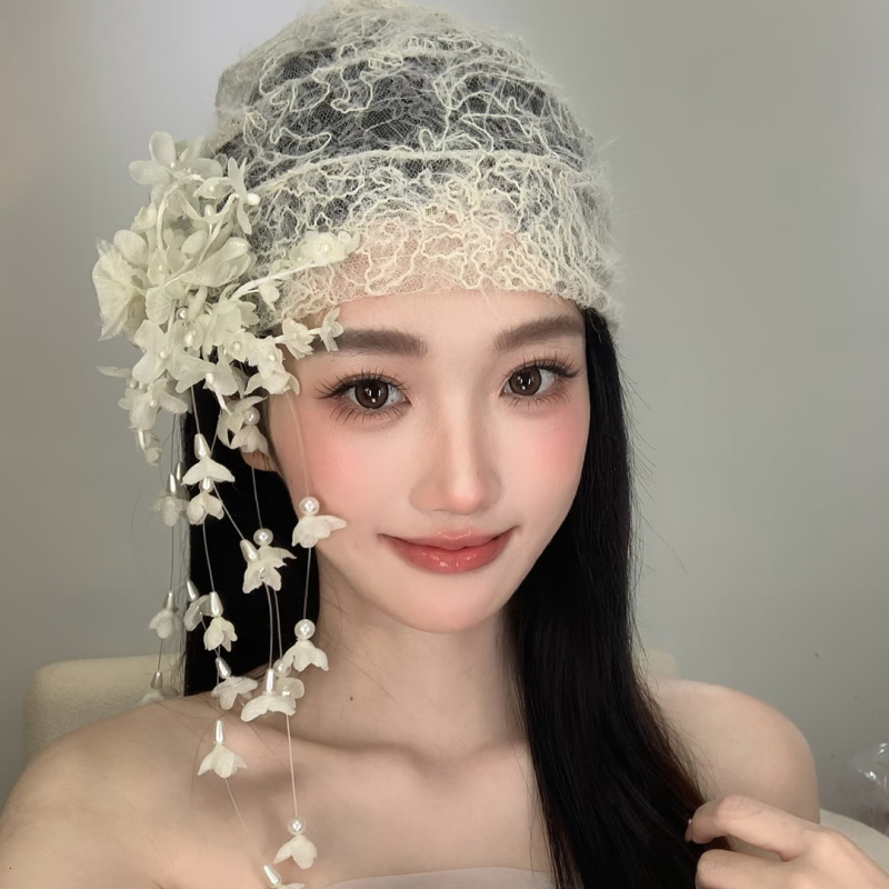 Retro French Lace Headpiece, Super Fairy-Like and Sweet, Age-Reducing Floral Tassel Hair Accessory, Elegant Bridal Style Wedding Accessory