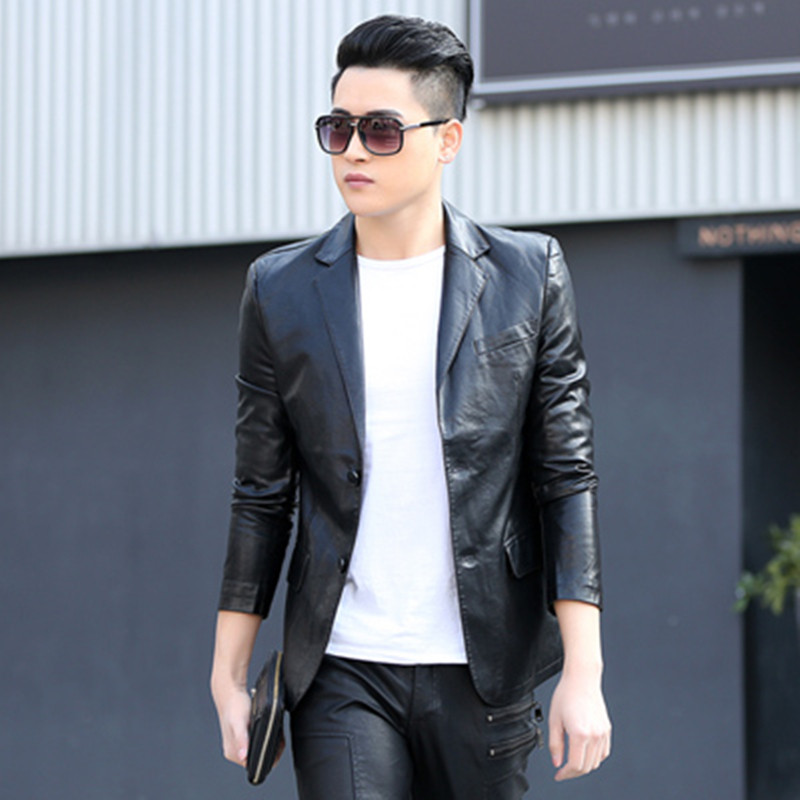 Leather men's genuine leather 2021 winter new Korean version trend handsome slim short lapel men's small suit jacket