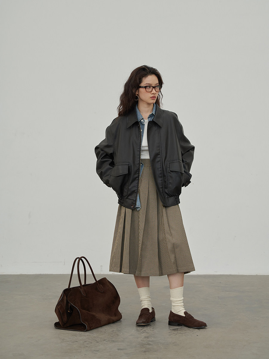 OWISH American street retro-friendly leather coat duvet jacket female autumn/winter loose display slim pu leather locomotive jacket-Taobao