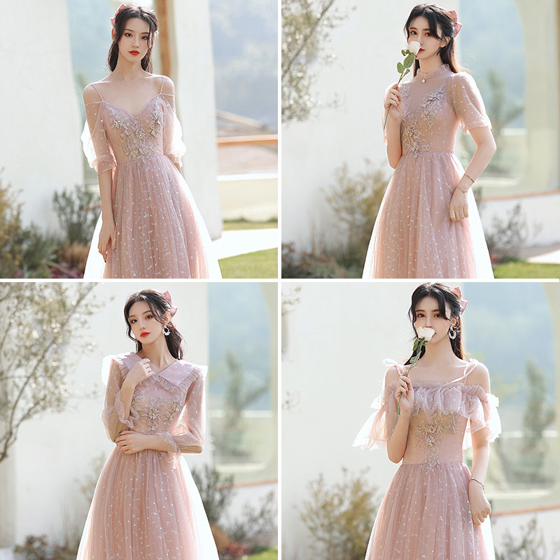 Bridesmaid's Fairy Temperament 2022 New Winter Pink Wedding Sister Group Evening Gown Dress Girl Long Version of Lean Spring Autumn