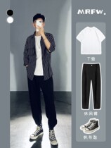 Little red book tide man wears summer thin stripes five-sleeve hanging shirt man with ice wire nine pants