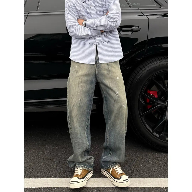 【Ymtrend】Original Design Jeans New Style 2026 Versatile Trendy Dirty Dye Loose Straight-Leg Pants