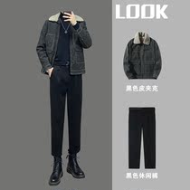 Little red book trendy men with three-piece plus velvet padded jacket 2020 autumn and winter trend handsome wild mens coat