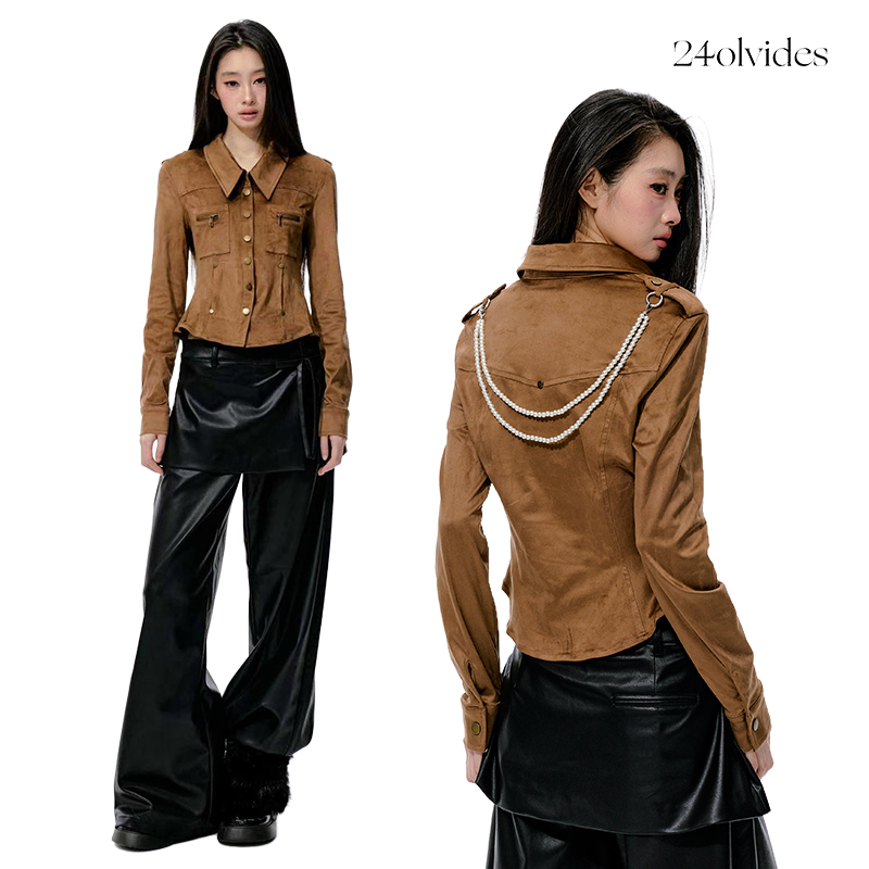 24Olvides Vintage Hot Girl Detachable Beaded Chain Bronze Rivet Elastic Suede Shirt
