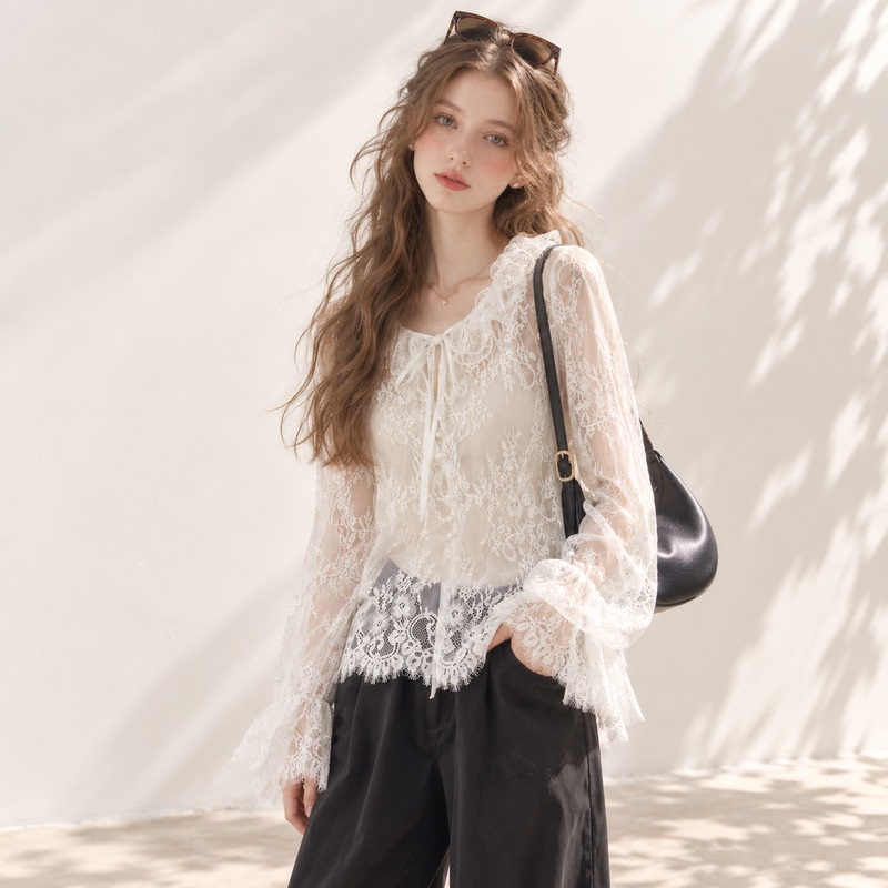 French-Style Gentle Ruffled Lace-Up Long-Sleeved Lace Blouse for Women, New Autumn Style, Stylish and Age-Reducing Layered See-Through Top French-Style Gentle Ruffled Lace-Up Long-Sleeved Lace Blouse for Women, New Autumn Style, Stylish and Age-Reducing Layered See-Through Top