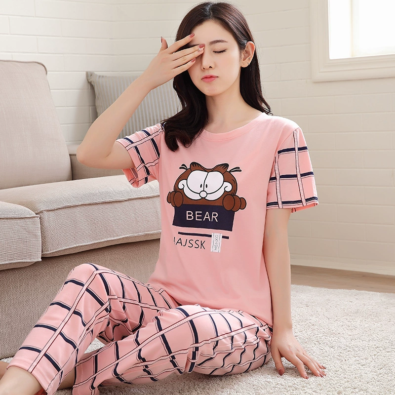 Bộ đồ ngủ nữ cotton ngắn tay mùa hè Phiên bản Hàn Quốc của phim hoạt hình mùa xuân dễ thương có thể mặc bên ngoài dịch vụ cotton hai mảnh do bo