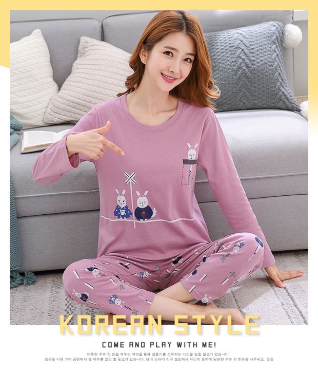 Bộ đồ ngủ nữ mùa xuân và mùa thu cotton dài tay Hàn Quốc Cô gái hoạt hình dễ thương ngọt ngào có thể mặc một bộ đồ phục vụ tại nhà đồ bộ mặc nhà cao cấp