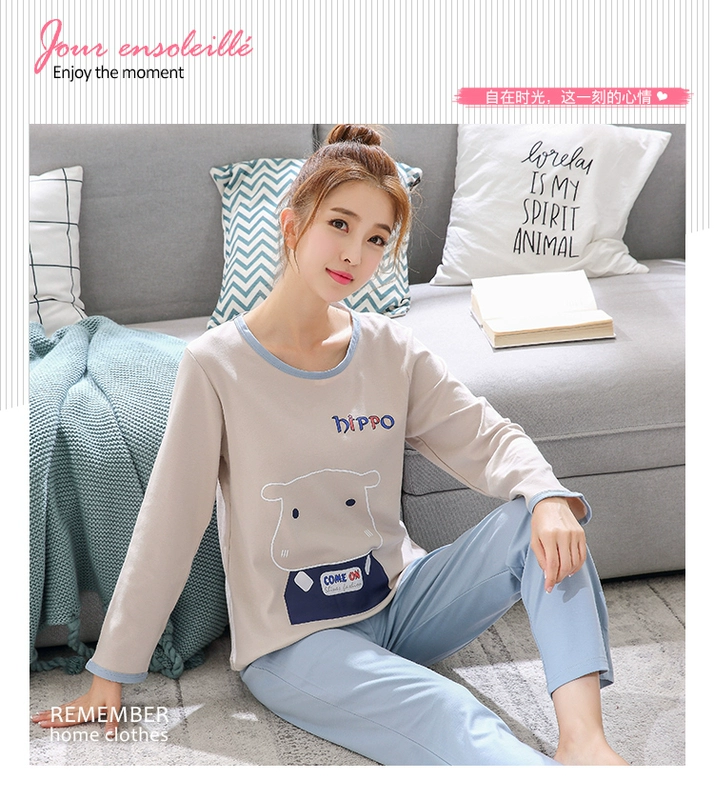 Bộ đồ ngủ nữ mùa thu cotton dài tay phiên bản Hàn Quốc mùa thu và mùa đông dễ thương cotton hoạt hình nữ phục vụ nhà phù hợp với XL đồ ngủ đẹp