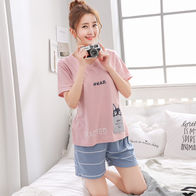 Bông đồ ngủ ngắn tay womens mùa hè mỏng Hàn Quốc phiên bản mới phim hoạt hình sinh viên bông nhà quần áo womens mùa hè hai mảnh bộ.