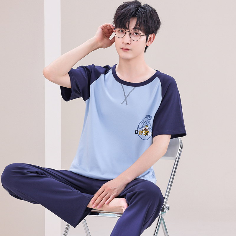 Pajamas for Men, Summer Casual Pure Cotton, Simple Short-Sleeved Pants, Large Size, Loose, Teenagers' Home Wear, Outer Wear Suit