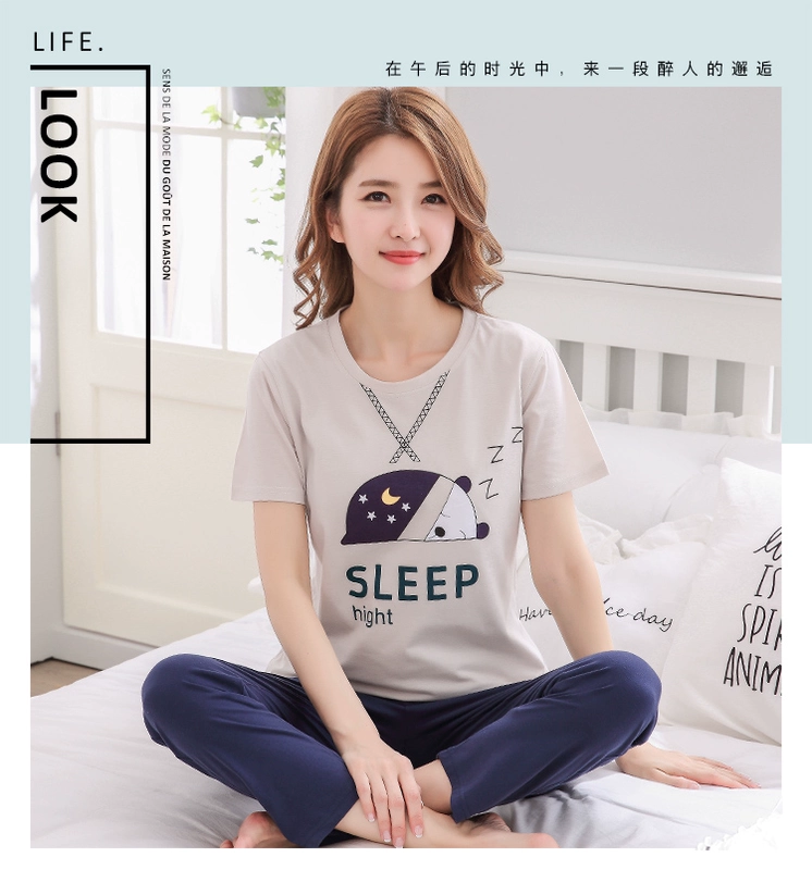 Bộ đồ ngủ nữ mùa hè cotton ngắn tay dài phần mỏng Cô gái mùa hè Hàn Quốc dễ thương hoạt hình cotton mặc nhà