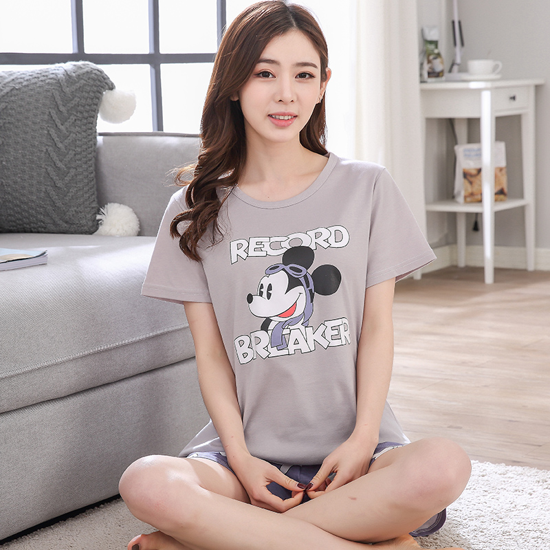 Bông đồ ngủ ngắn tay womens mùa hè mỏng Hàn Quốc phiên bản mới phim hoạt hình sinh viên bông nhà quần áo womens mùa hè hai mảnh bộ.