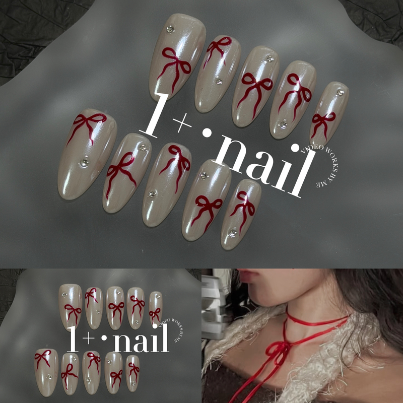 1+【Silk Knot】Hand-Painted Silk Knot, Blood-Colored Ballet, Low Saturation, Porcelain-Like Shine, Almond-Shaped Handmade Press-On Nails