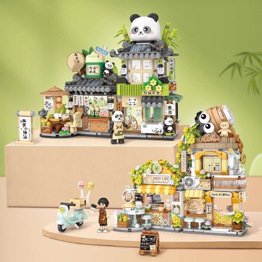 Loz/Smart Chinese-Style Folding Street Scene Building Blocks Little Bear Coffee Shop Assembled Panda Tea House Girls' Birthday Gift