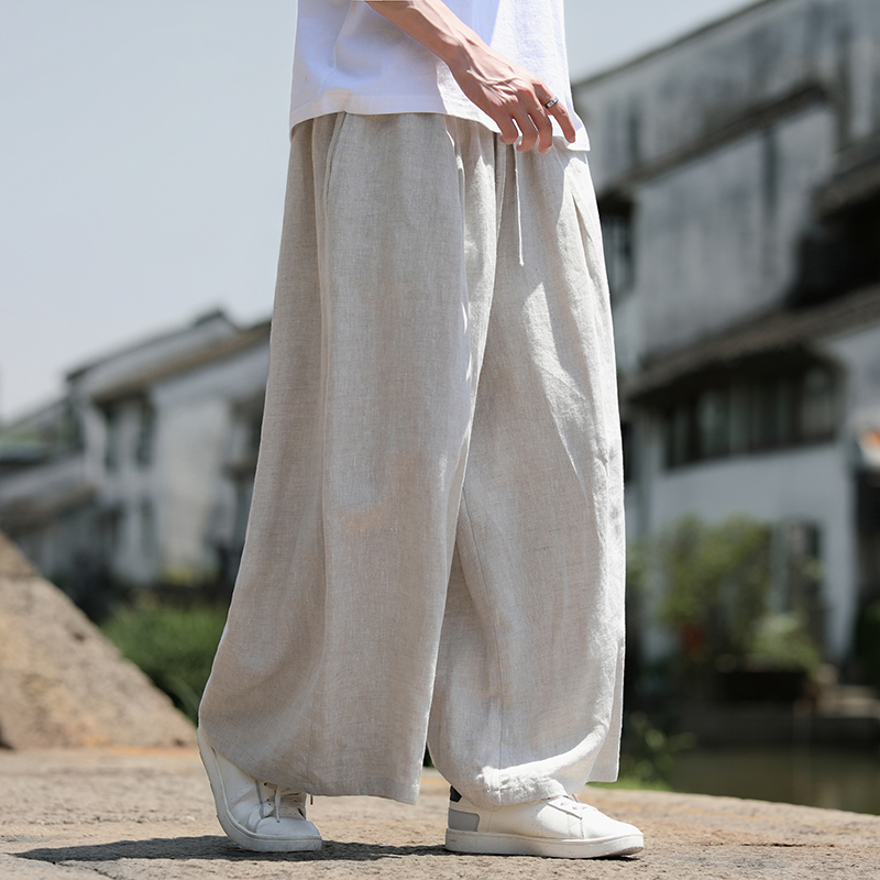 100% Pure Linen Pants Men's Chinese Style Summer Thin Straight Pants Retro Wide Leg Pants Large Size Casual Nine-Point Pants
