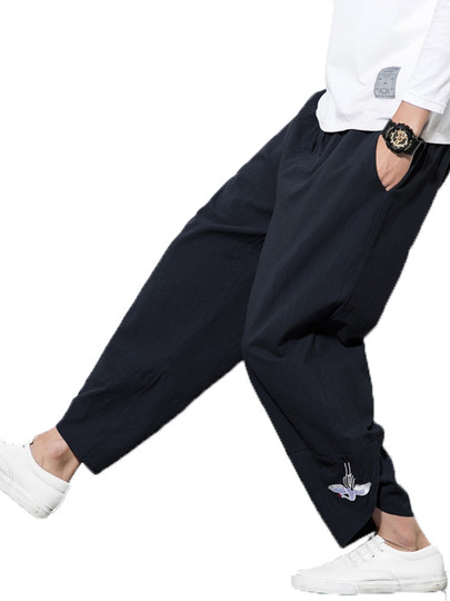 Chinese style men's cotton and linen embroidered casual trousers retro loose wide-leg pants summer linen harem pants nine-point pants