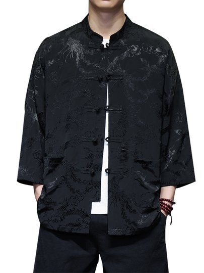 New Chinese-Style Tang Suit for Men, Chinese Style Summer Thin Ice Silk Short-Sleeved Shirt, Improved Hanfu, Large Size Stand-Up Collar Shirt, Trendy