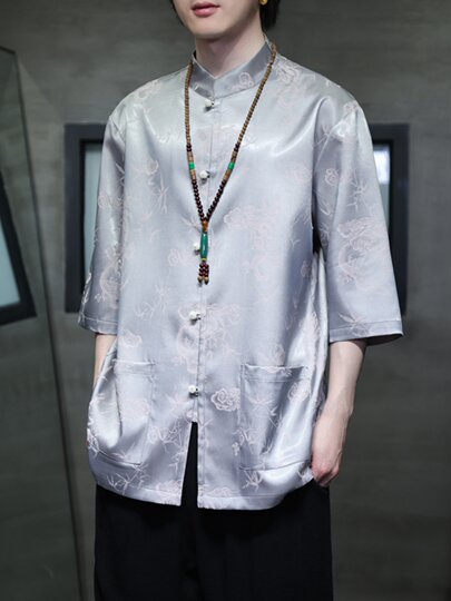 Костюм Тан из ледяного шелка, мужская летняя тонкая рубашка с короткими рукавами в стиле шинуазри, новая свободная рубашка большого размера с рукавами три четверти династии Хань