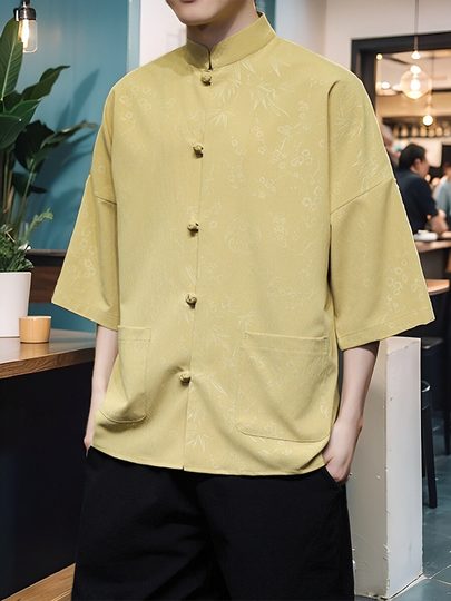 复古提花汉服中国风夏季薄款短袖衬衫男新中式唐装宽松大码衬衣