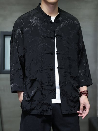 New Chinese-Style Tang Suit for Men, Chinese Style Summer Thin Ice Silk Short-Sleeved Shirt, Improved Hanfu, Large Size Stand-Up Collar Shirt, Trendy