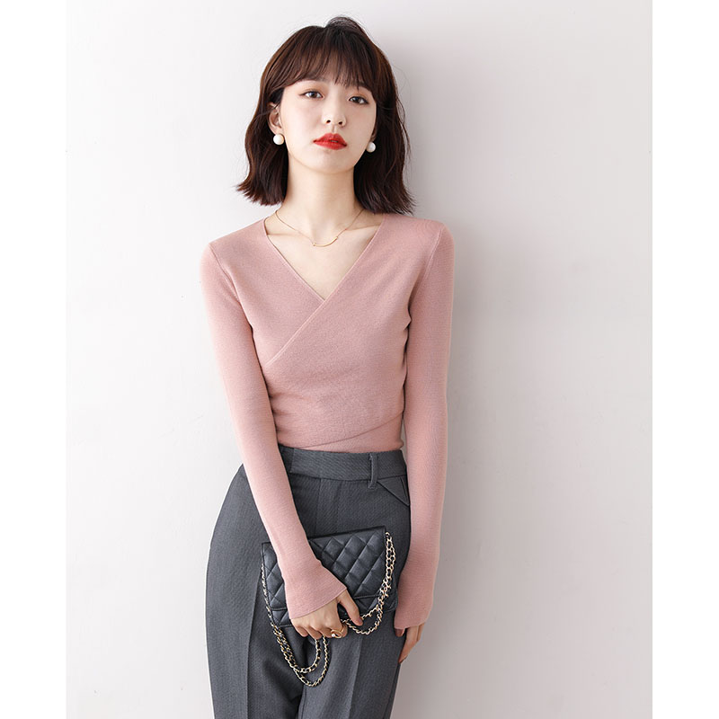 JOLIMENT cross V-neck wool long-sleeved pullover sweater women's autumn new slim bottoming shirt top