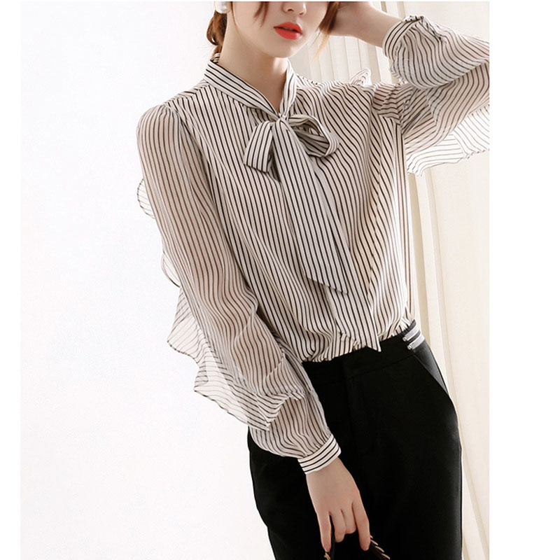 French style light and familiar style temperament ladies streamer striped chiffon shirt female design sense ruffled long-sleeved top