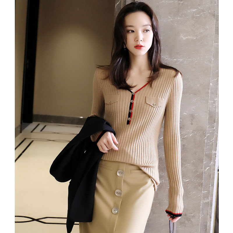Contrasting color V-neck pit strip Merino wool sweater women's autumn new elastic slim slim bottoming shirt top