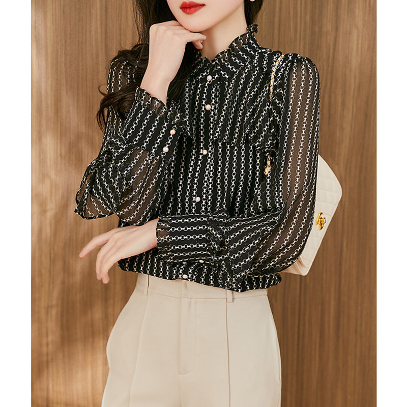 Fan-style agaric side standout printed snow-spinning shirt female design feeling small crowdsourced lotus leaf side length sleeves light cooked wind blouses