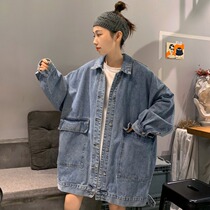 Harajuku BF wind cardigan coat women plus size 200kg fat MM spring Korean loose denim coat tide