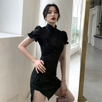 Improved cheongsam dress A- line dress young black little man evening dress high texture short bubble sleeve