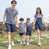 Fried Street Kiss a family of three summer loaded with mother and mother female dress Korean version Children streaks back with pants suit Chaochio