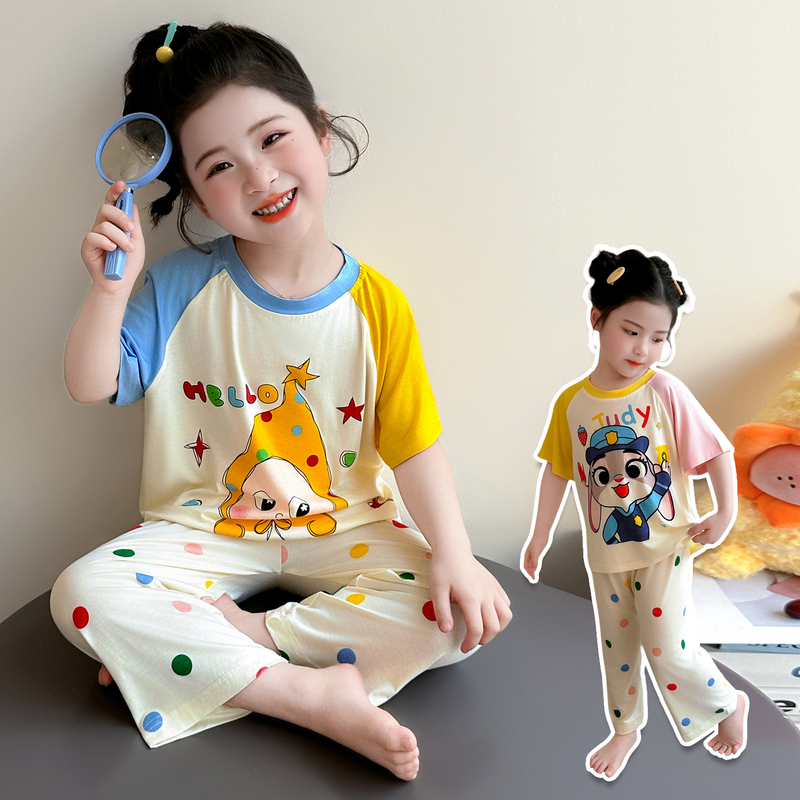 Children's Summer Cartoon Modal Star Rabbit Police Officer Girl Home Wear Set Short-Sleeved Pajamas Two-Piece Set