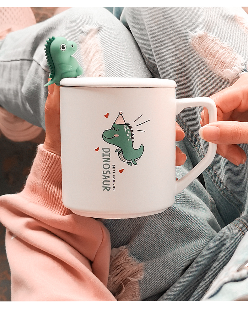 Japanese glass ceramic cup contracted coffee cup pure and fresh and lovely cartoon dinosaur keller spoon girl cup with cover