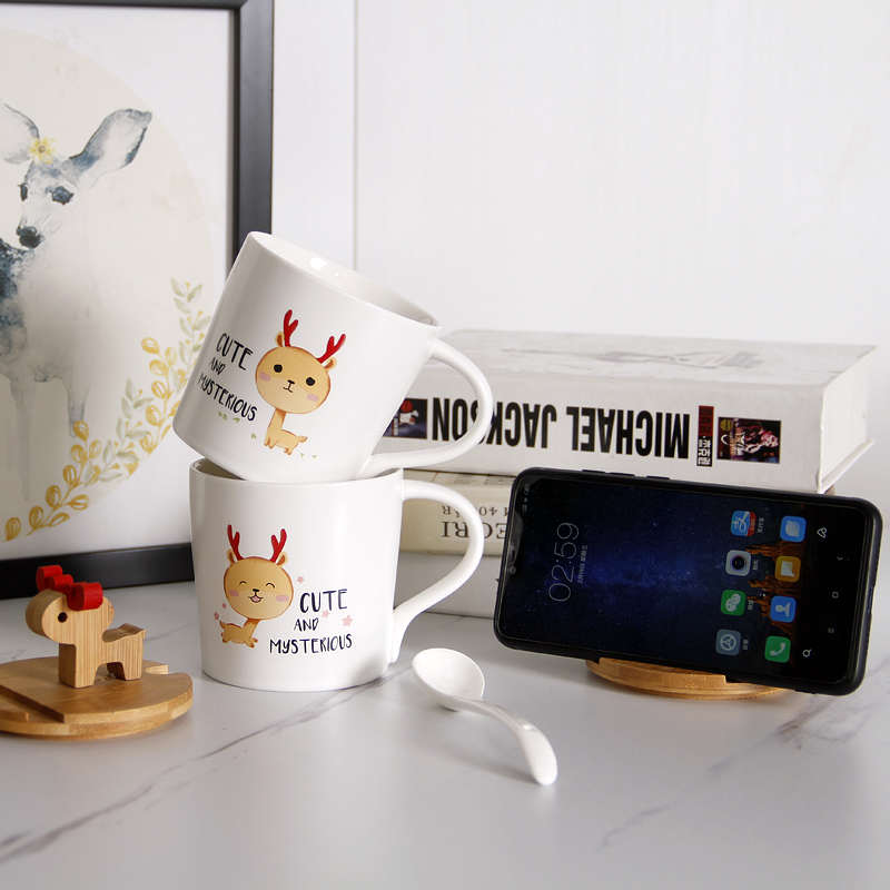 Mobile rack mark cup with cover teaspoons of creative move trend and lovely cartoon home office glass ceramic cup