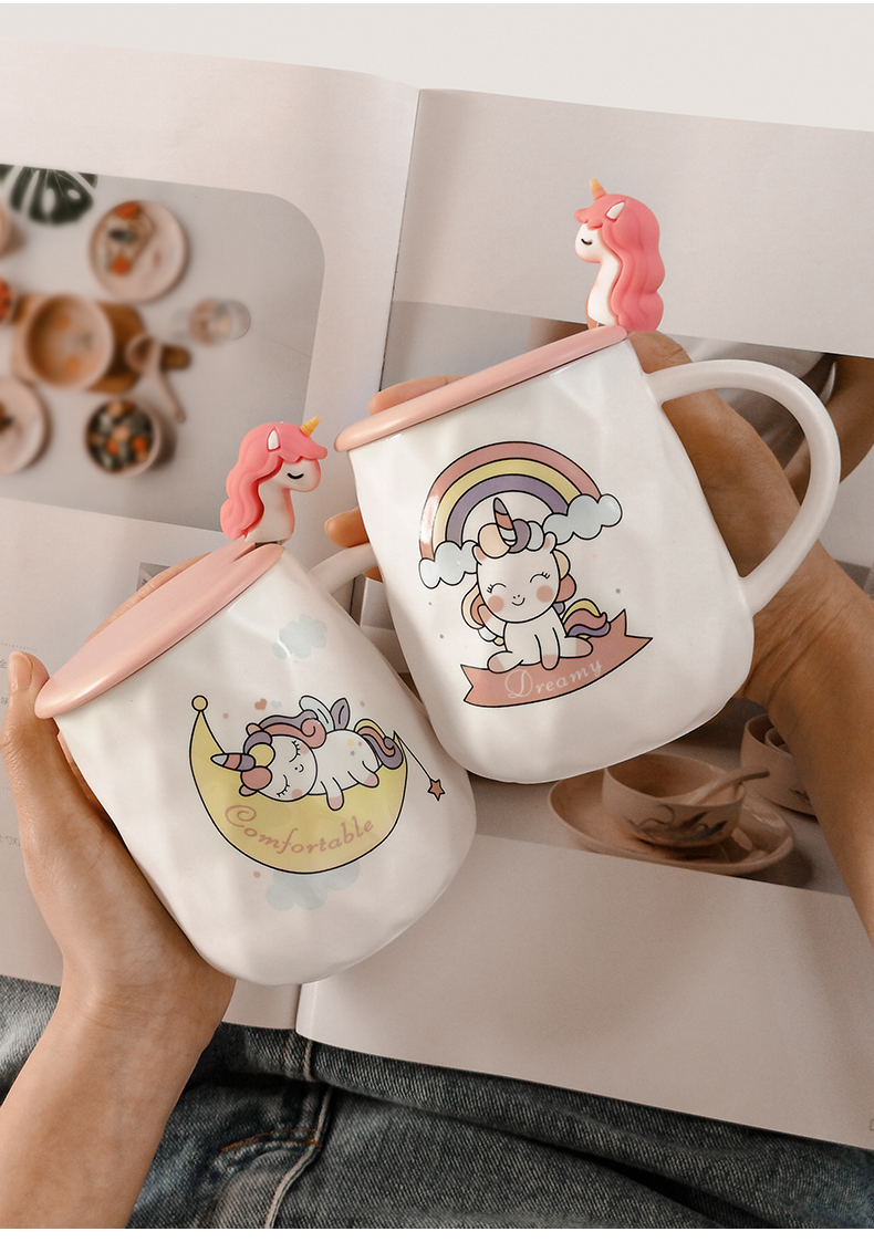 The Girl in pink unicorn cup home express it in glass ins individuality creative ceramic keller with spoon