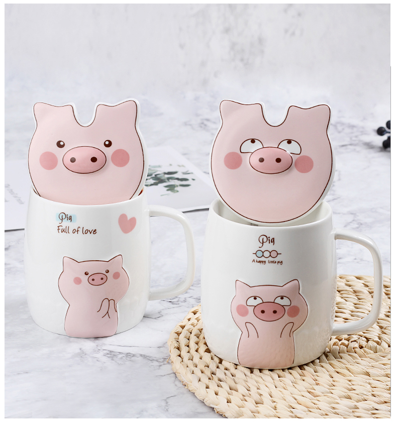 Couples cup high - capacity creative ceramic pig girl, lovely cup keller spoon home coffee cup with cover