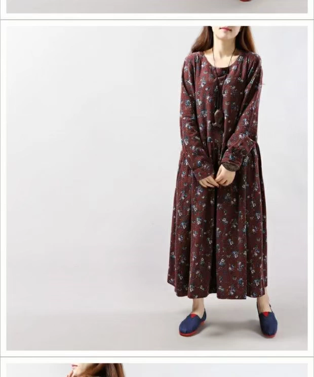 Xuân 2018 phong cách mới văn học lỏng kích thước lớn retro vải lanh dài tay áo dài tay nhỏ hoa cotton và váy lanh nữ