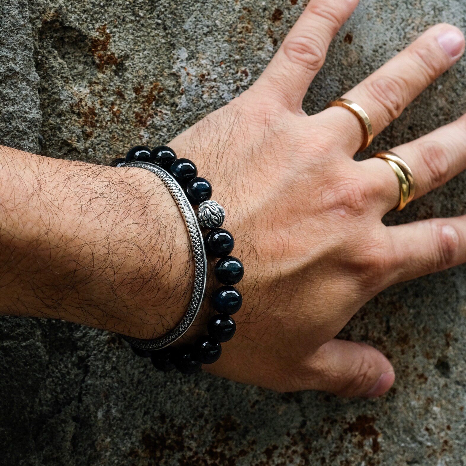 Temple-class silver Lone Ones 10mm Blue Tiger Eye stone embellished three-dimensional Teng silver beaded beaded bracelet