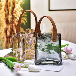 Glass Vase with a Light Luxury and High-End Feel, Living Room Flower Arrangement Decoration, Creative Belt Pleated Handbag, Hydroponic Fresh Flowers