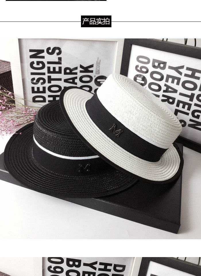 Fashionable M-label sun hats, straw hats, sun-protective hats, women's summer outings, sun hats, black British flat-topped top hats, a trend detail image 2