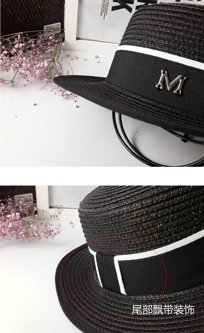 Fashionable M-label sun hats, straw hats, sun-protective hats, women's summer outings, sun hats, black British flat-topped top hats, a trend detail image 11