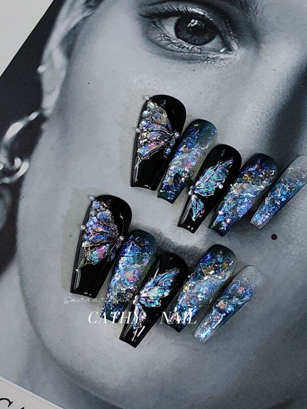 Silent Lambs, Dark and Colorful Butterfly Fairy Nails, Wearable Nail Art Stickers, Sweet and Cool Girls, Super Long and Stylish