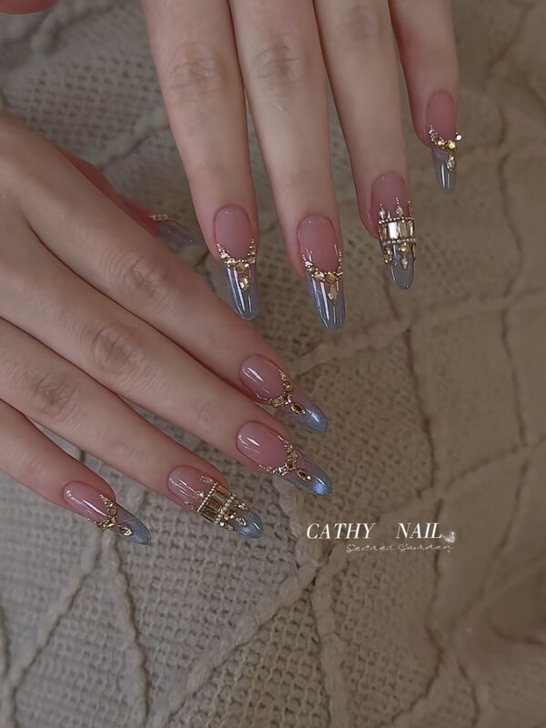 Noble Lady's High-End Luxury Aquamarine Gold Champagne Extra-Long Oval European-Style Jewelry Wearable Nail Art Stickers