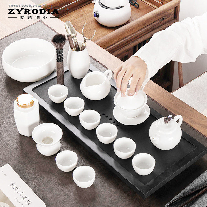 ZYRODIA goat fat jade white porcelain qigong fu tea furniture set group home teapot cover bowl whole set Ukkim stone tea tray tea table