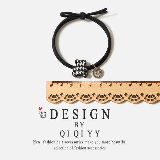 Korean-Style High-End Smiley Bear Hair Tie, Elegant Hair Rope, Cute Girl's Hair Tie for High Ponytail, Houndstooth Hair Accessory