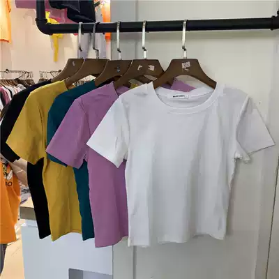 HAPPY sweet white T-shirt women's short sleeve slim short small T new black round neck tight half sleeve solid color